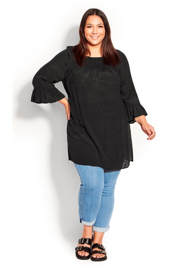 Flutter 3/4 Sleeve Top, BLACK, hi-res image number 0
