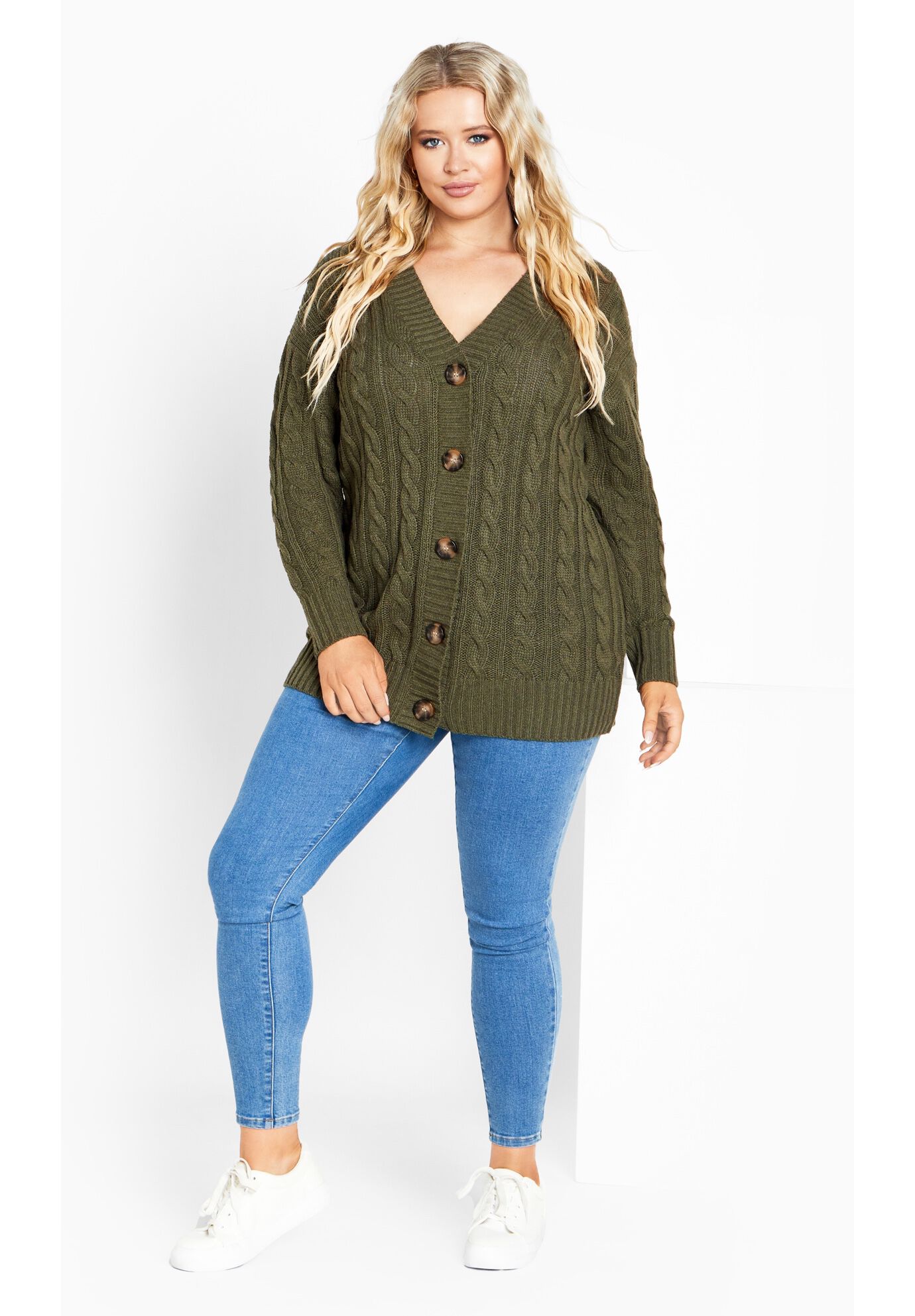 Cara Cable Knit V Neck Cardigan, OLIVE, alternate image number 2