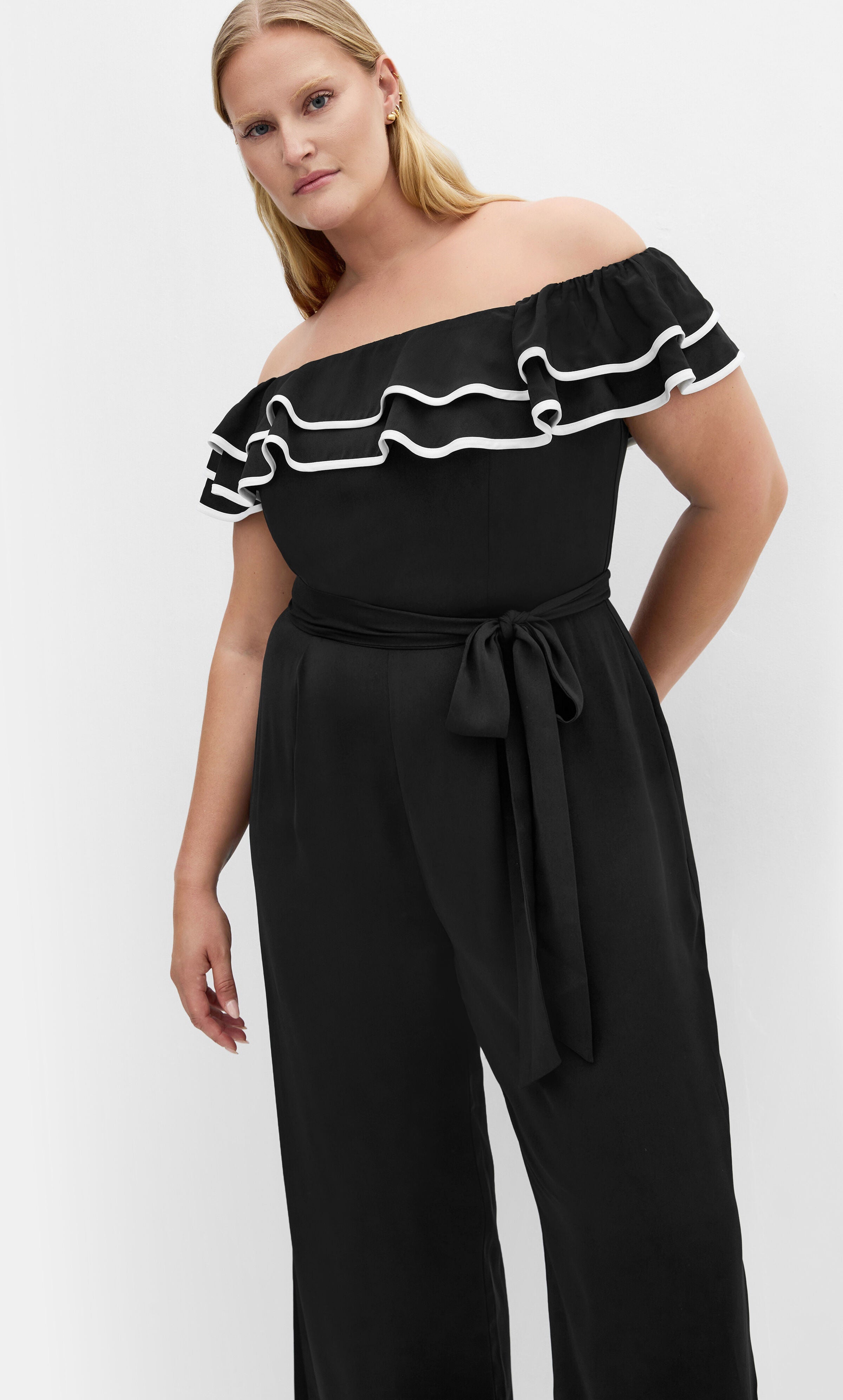 Demure Off Shoulder Frill Jumpsuit - black, BLACK, alternate image number 1