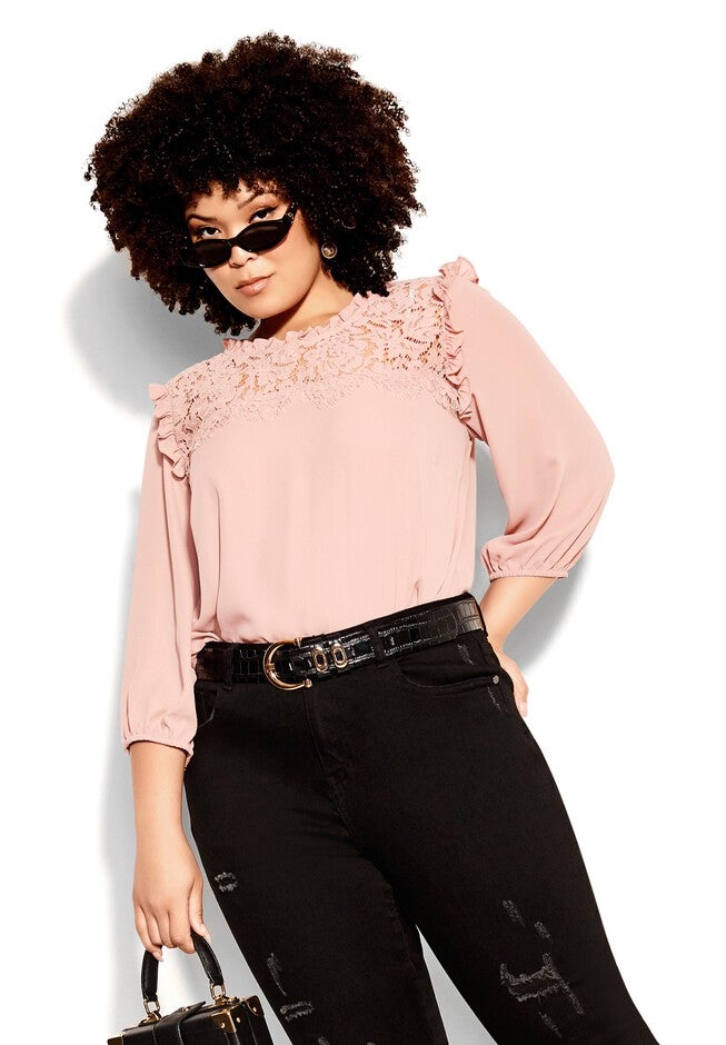 Lace Angel Elbow Sleeve Top - soft rose, PINK, hi-res image number 0
