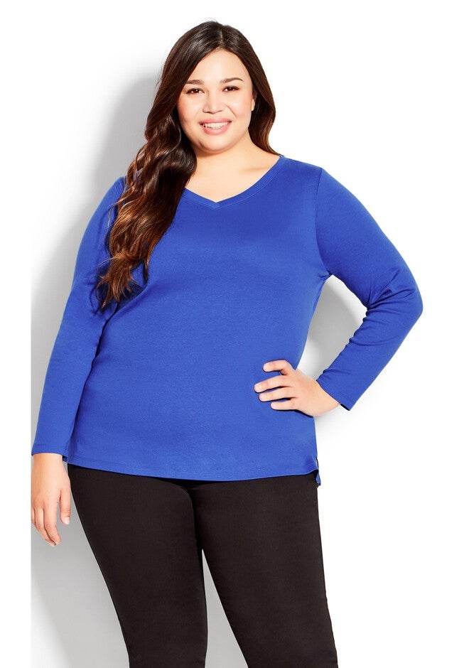 V Neck Long Sleeve Top, INDIGO BLU, hi-res image number null
