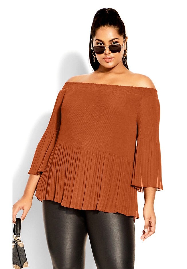 Pleated Off Shoulder Top - ginger, ORANGE, hi-res image number null