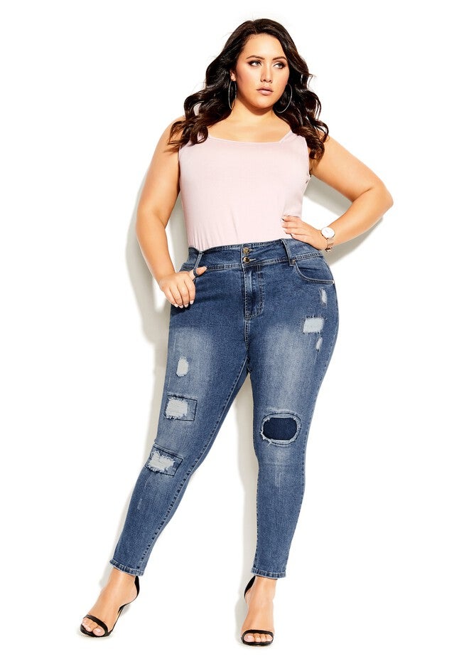 Patched Apple Skinny Jean - indigo, BLUE, on-hover image number 1