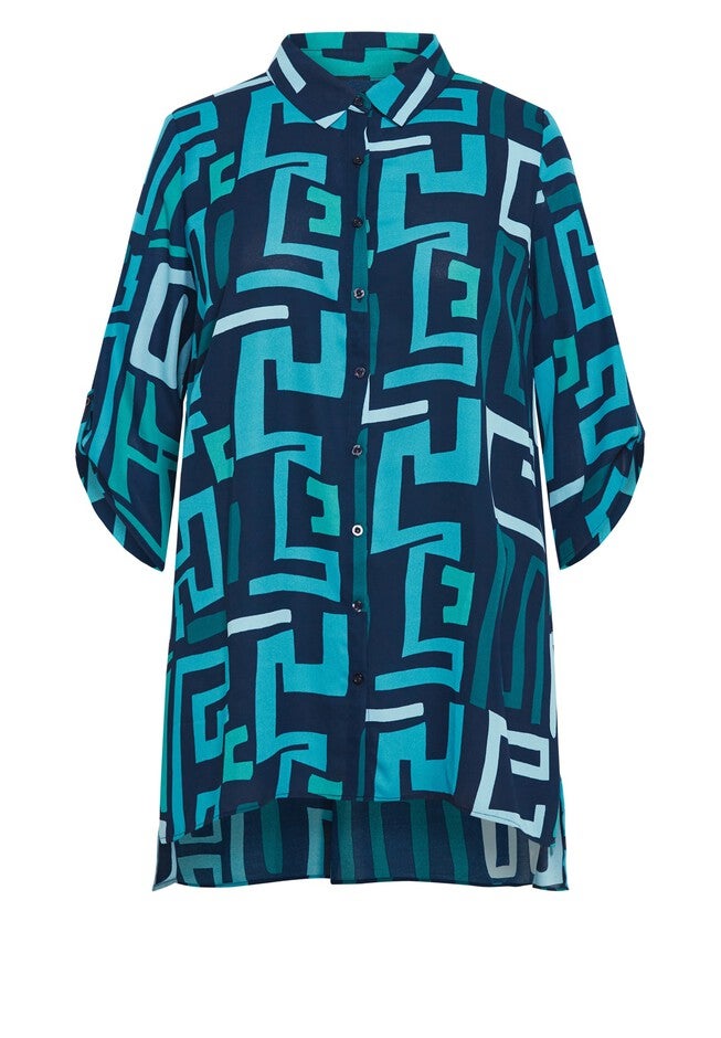 Longline Print Blouse, NAVY TEAL GEO, alternate image number null
