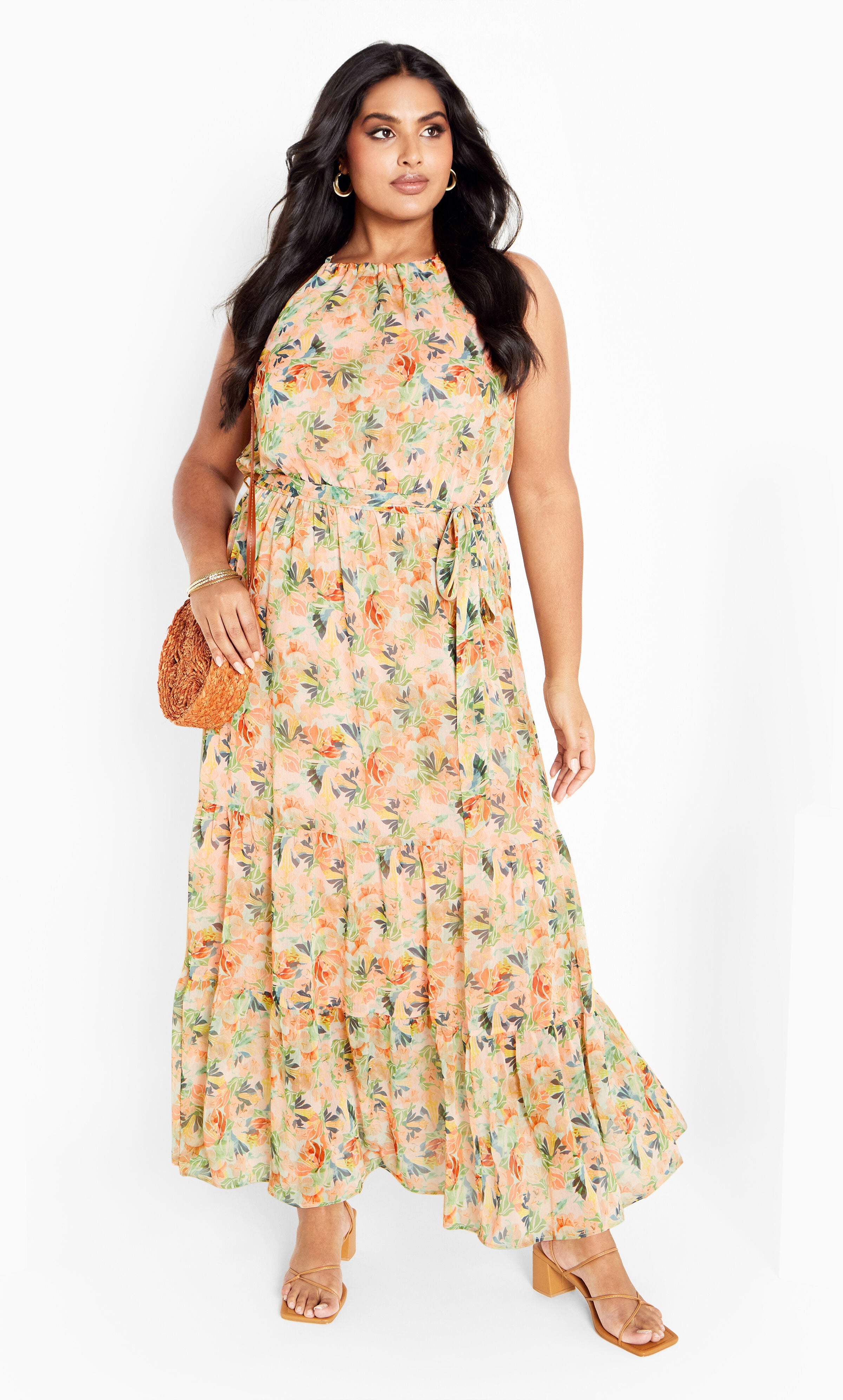 Callie Print Tier Maxi Dress - miami mini, ORANGE, hi-res image number 0
