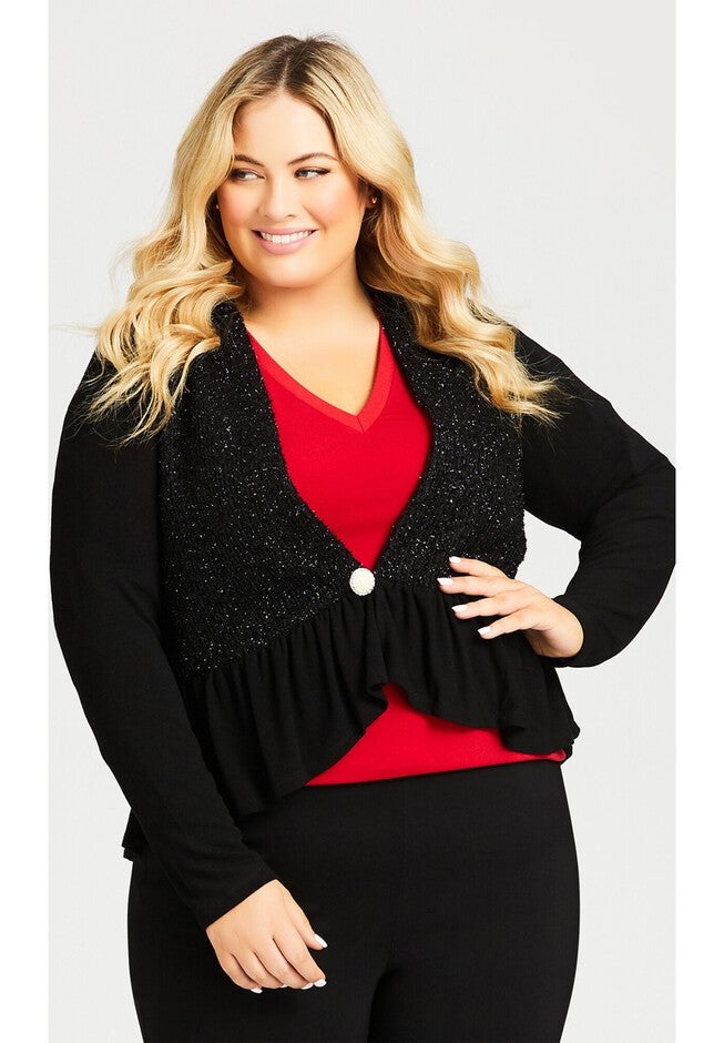 Metallic Ruffle Hem Cardi, BLACK, on-hover image number null