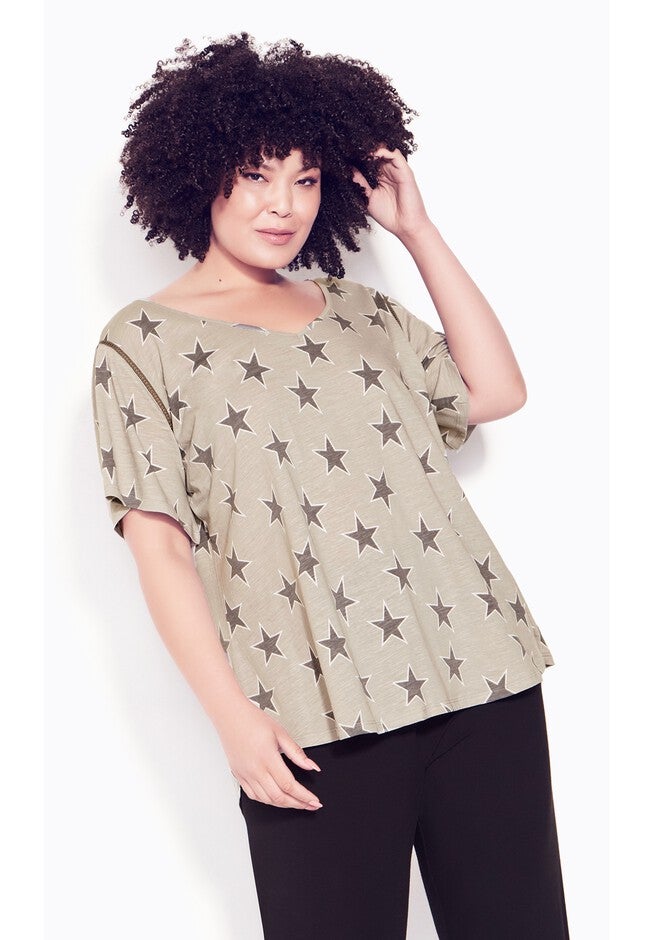 Flutter Sleeve Print Top, STAR GREY, hi-res image number null