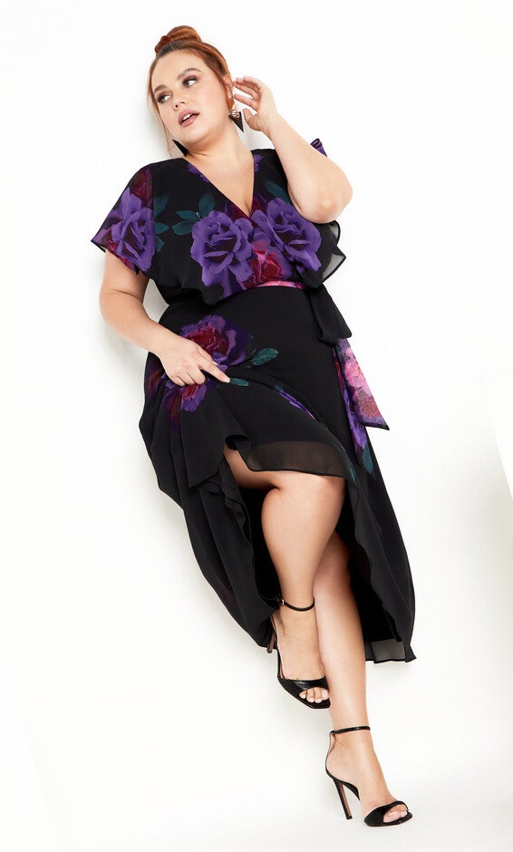 Tied Rose Maxi Dress - black bright bloom, BLACK, hi-res image number 0