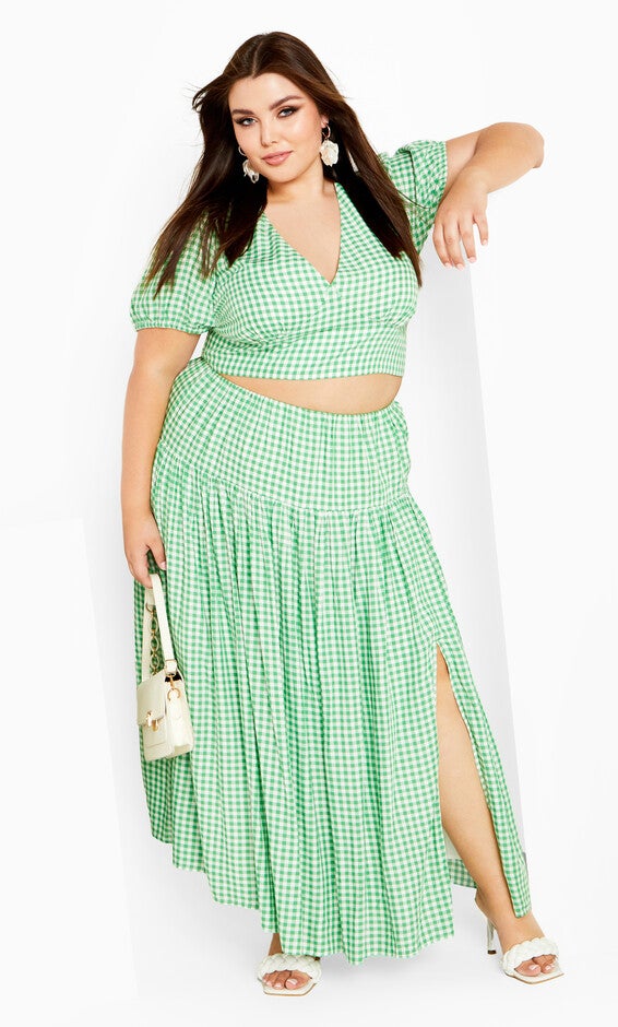 Amber Puff Sleeves Pleated Set - green gingham, GREEN, hi-res image number null