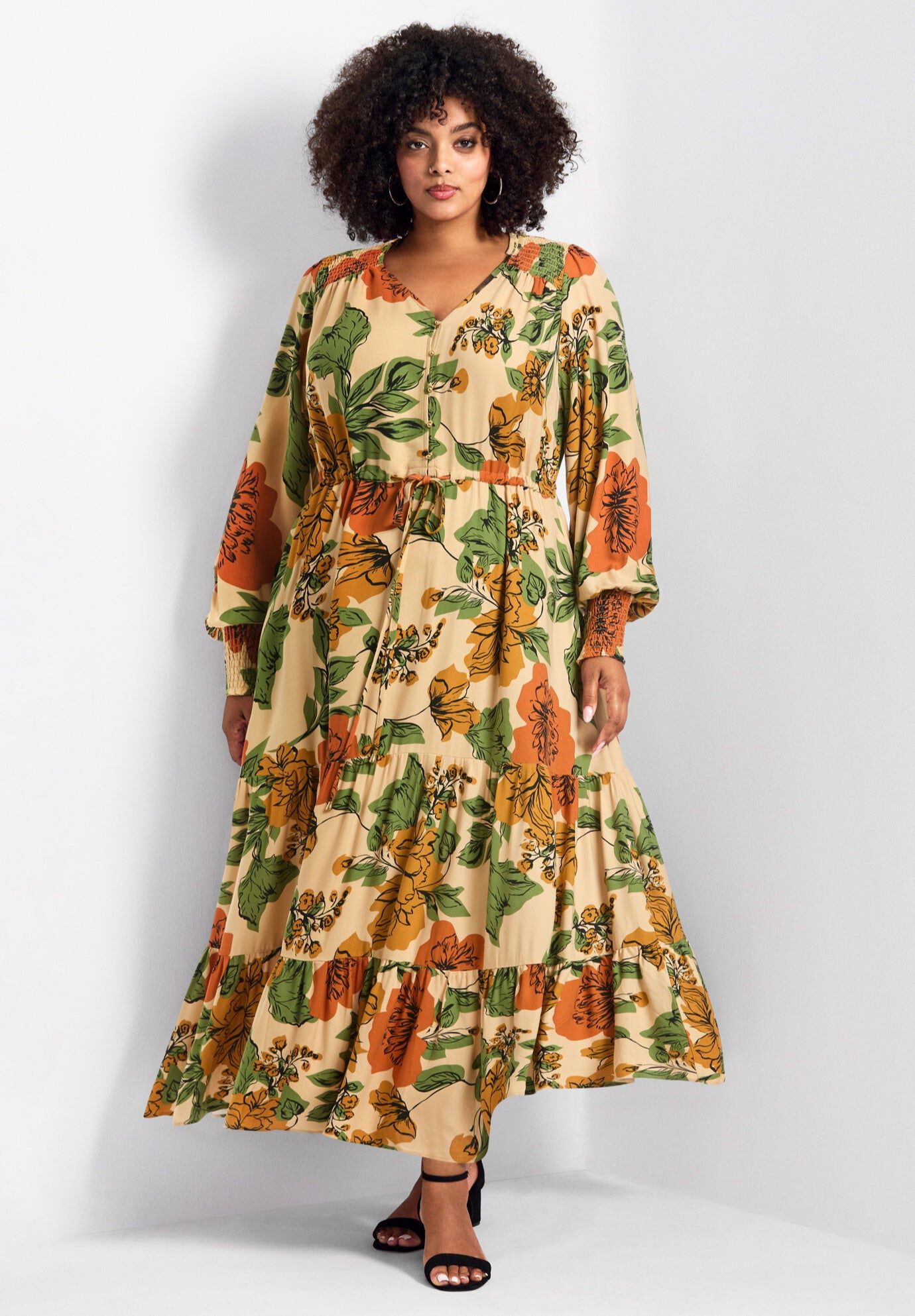 Second Nature Blouson Sleeve Maxi Dress, BEIGE SKETCH FLORAL, hi-res image number 0