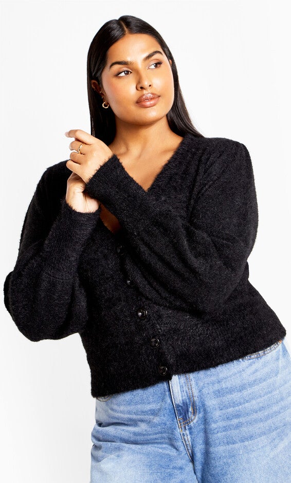 Fluffy Button Cardigan - black, BLACK, hi-res image number null