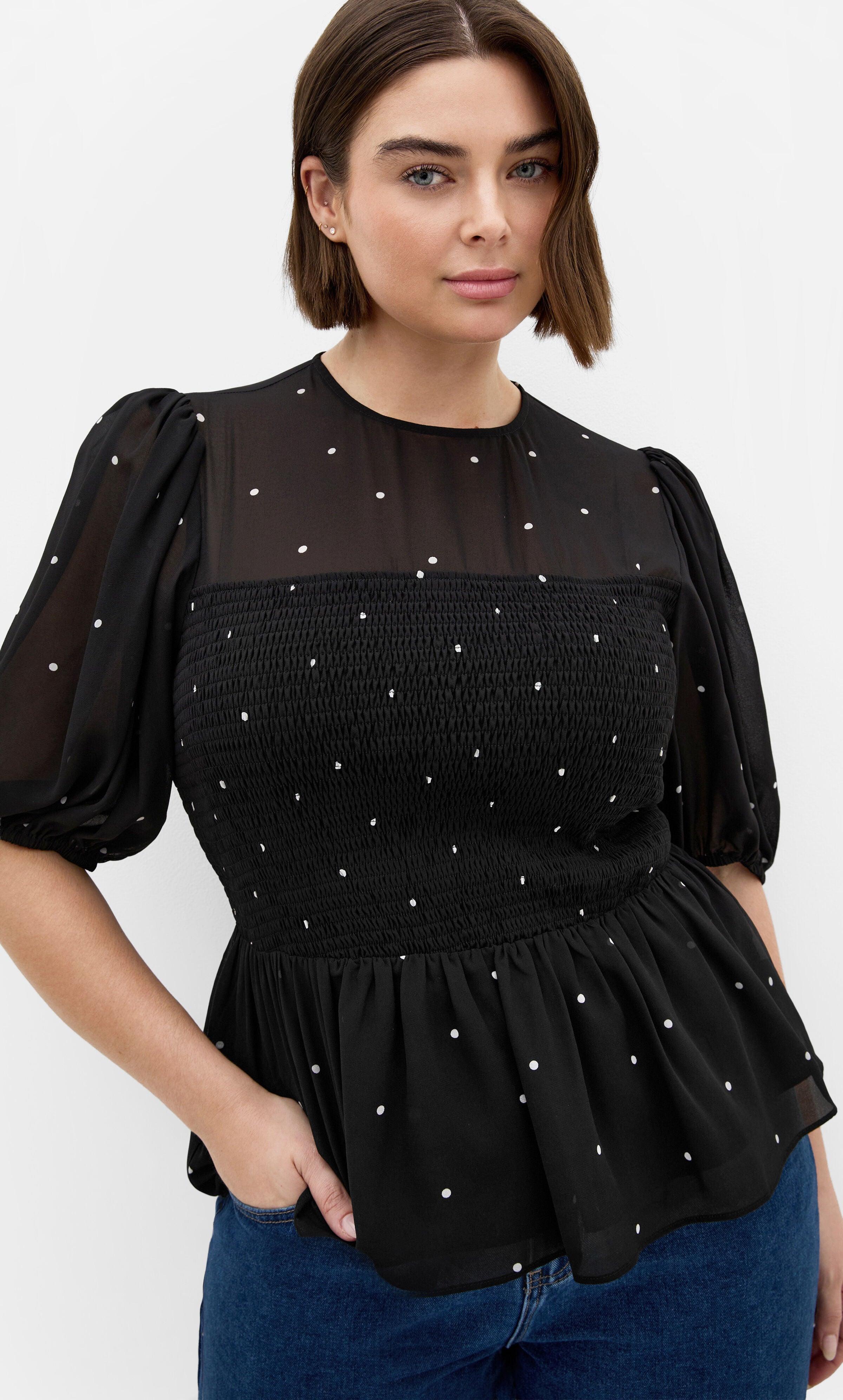 Esther Spot Print Shirred Top, BLACK, alternate image number 3