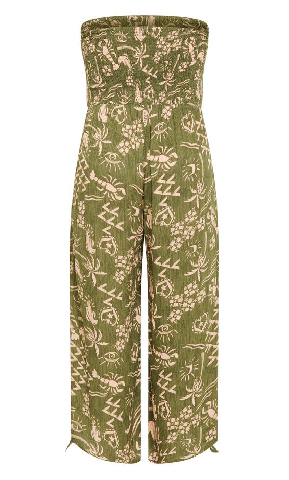 Smocked Print Jumpsuit - khaki, GREEN, alternate image number null