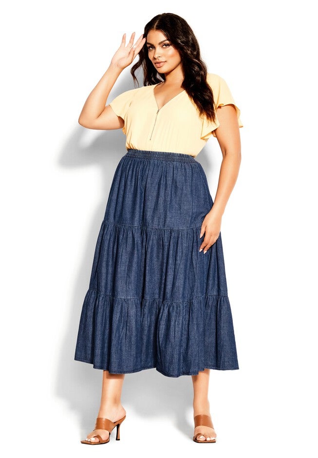 Denim Tier Skirt - dark denim, BLUE, on-hover image number 1