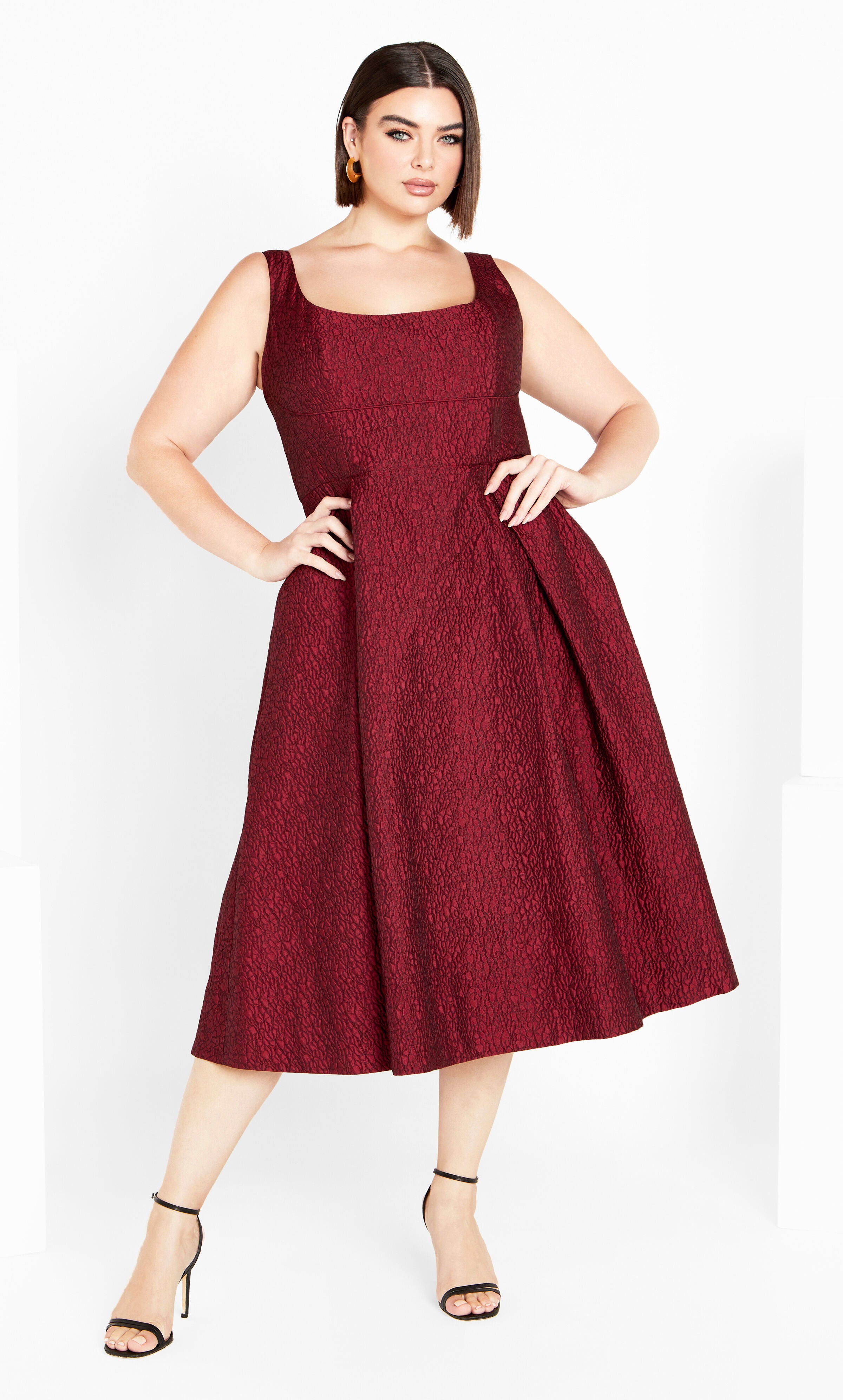 Red square neck midi dress top