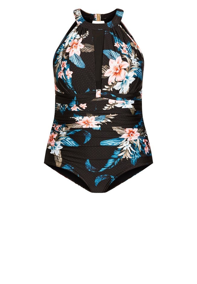 Azores Print 1 Piece - black floral, BLACK, alternate image number null