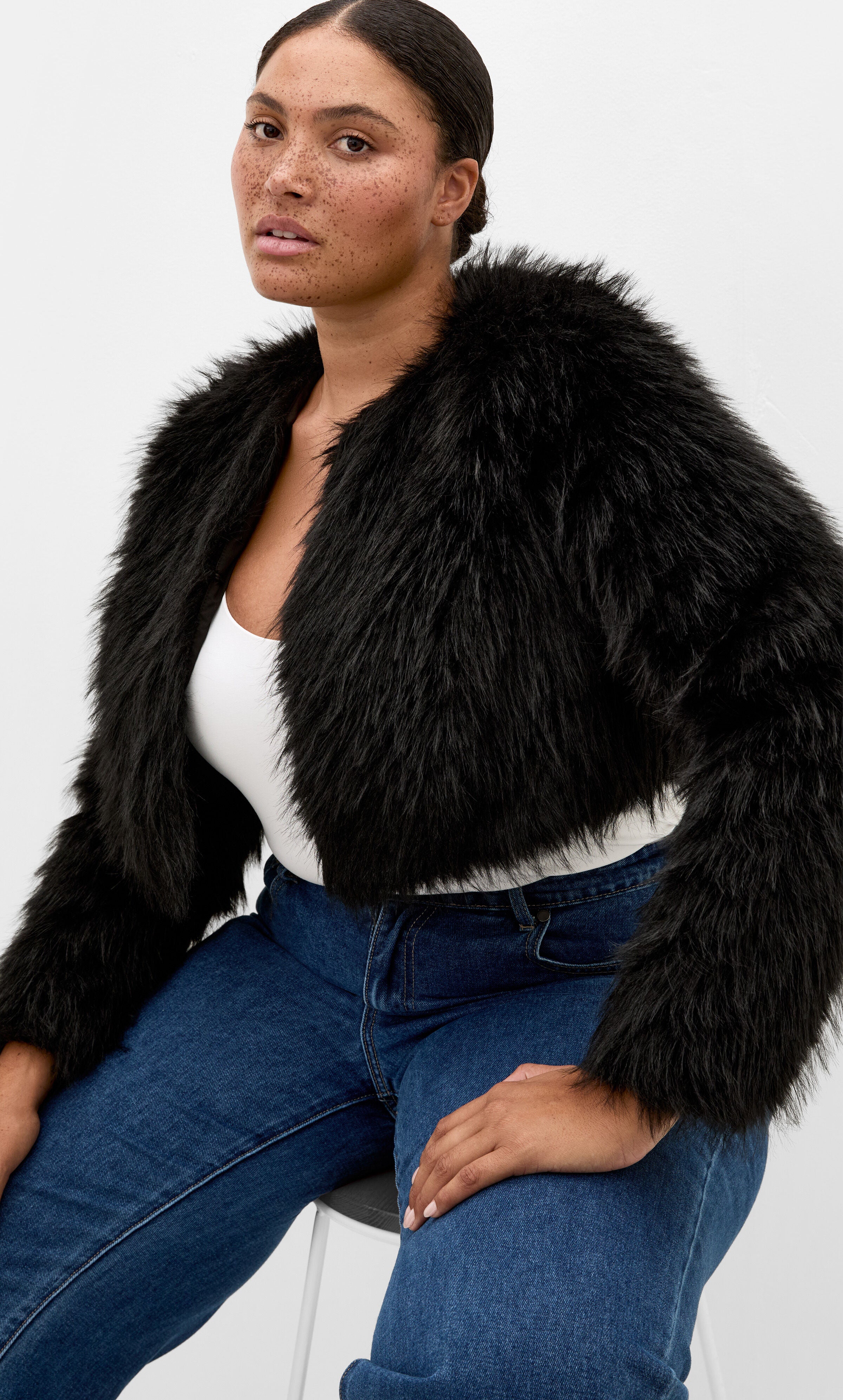 Angelica Faux Fur Crop Jacket, BLACK, hi-res image number 0