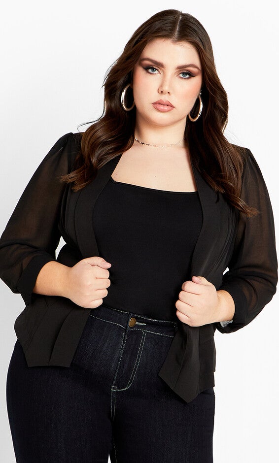 Drapey Sheer Chiffon Blazer Jacket - black, BLACK, hi-res image number null