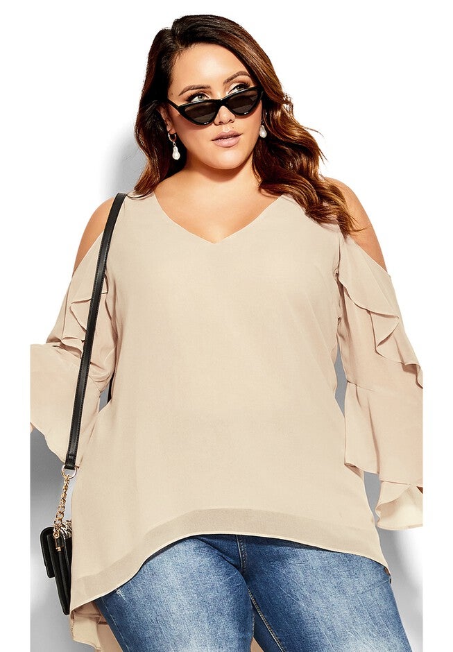 Hi Lo Cold Shoulder Top - vanilla, BEIGE, hi-res image number null