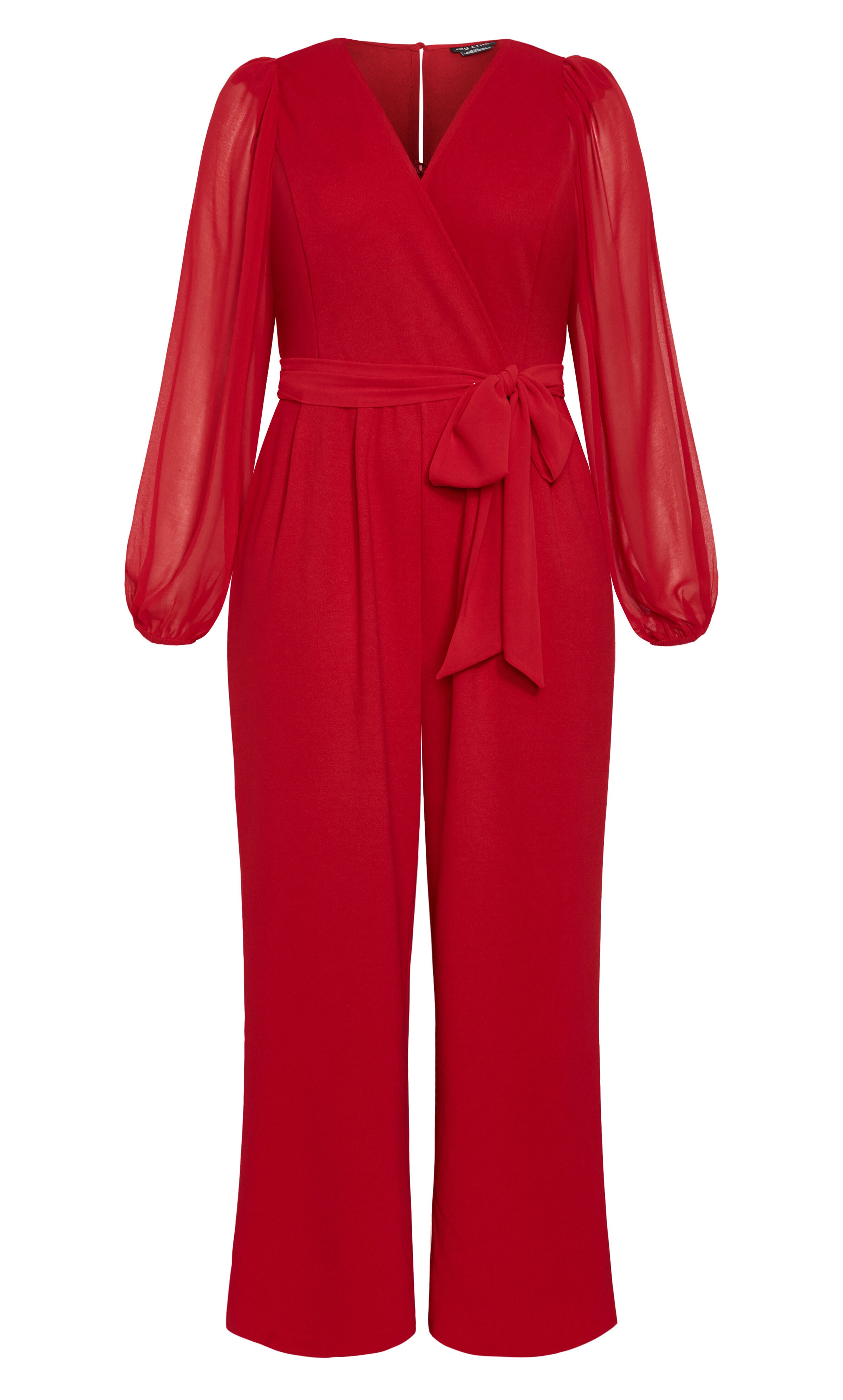 Sheer Sleeve Wide Leg Jumpsuit  - cherry, RED, alternate image number 3