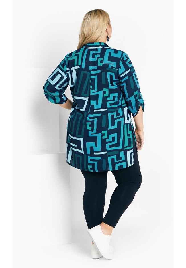 Longline Print Blouse, NAVY TEAL GEO, on-hover image number null