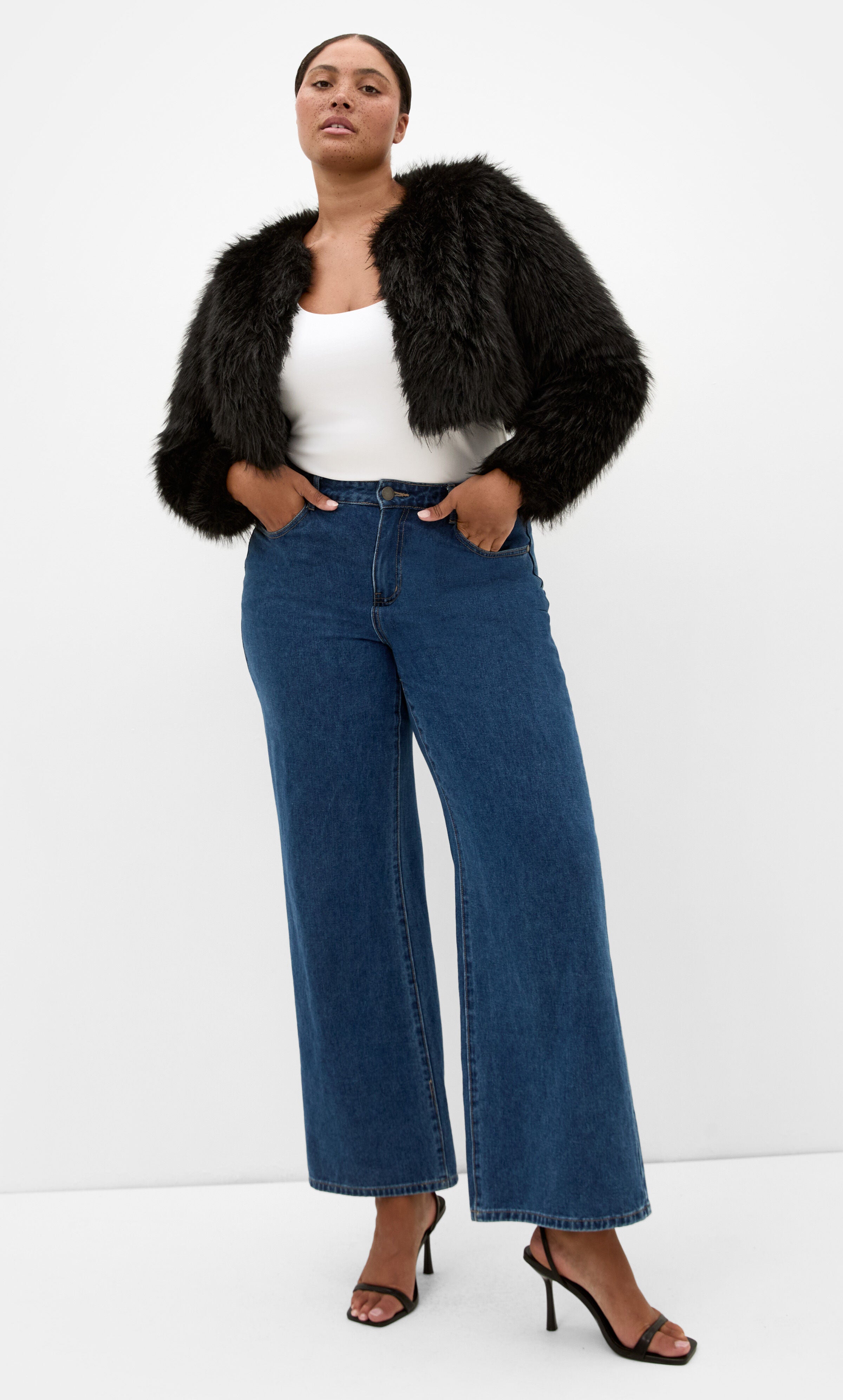 Angelica Faux Fur Crop Jacket, BLACK, on-hover image number 1