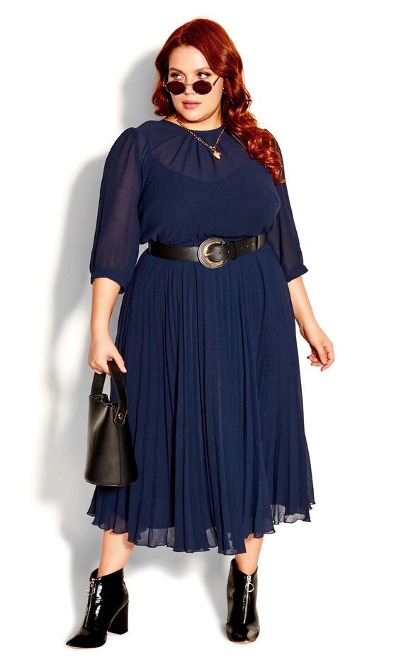 Love Pleat Elbow Sleeve Dress - navy, BLUE, hi-res image number 0