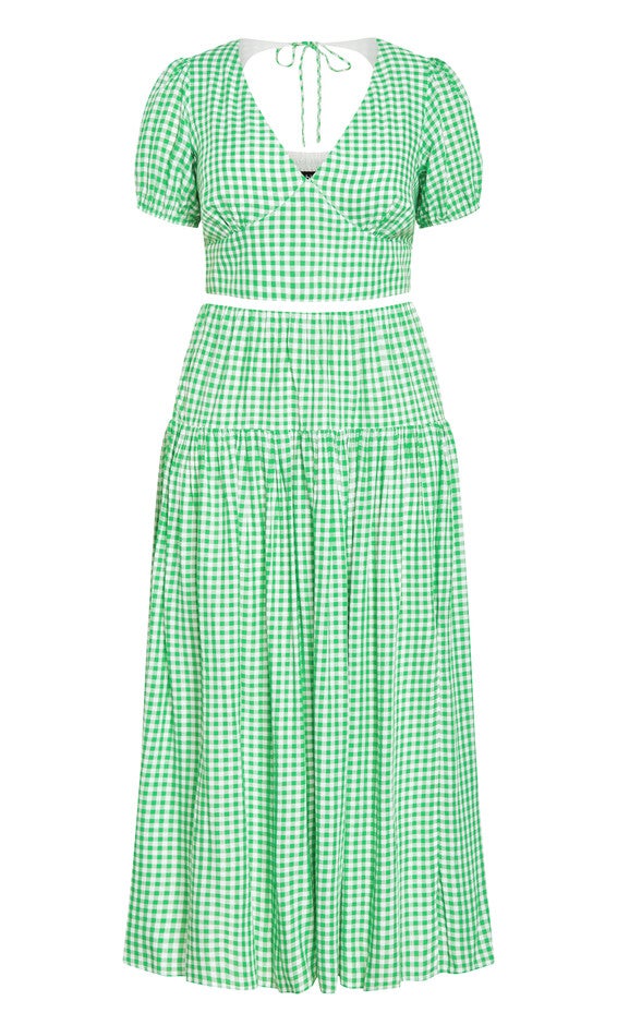 Amber Puff Sleeves Pleated Set - green gingham, GREEN, alternate image number null