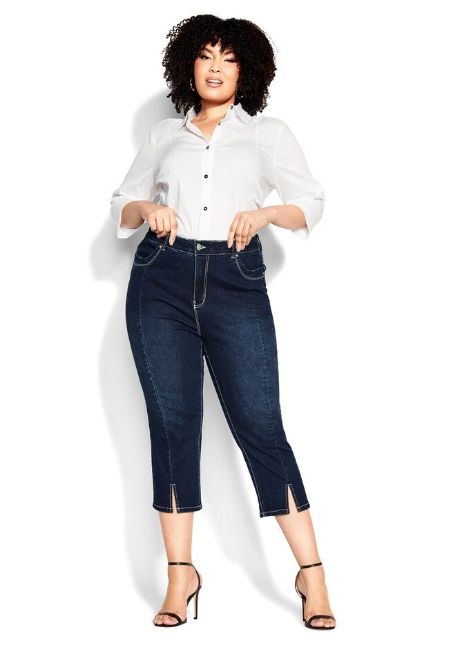 Slit Denim Capri, DARK WASH, alternate image number 5