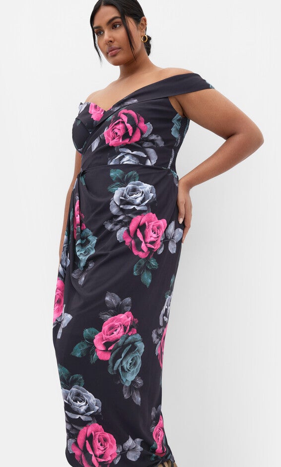 Claire Print Off Shoulder Dress - black, BLACK, alternate image number null