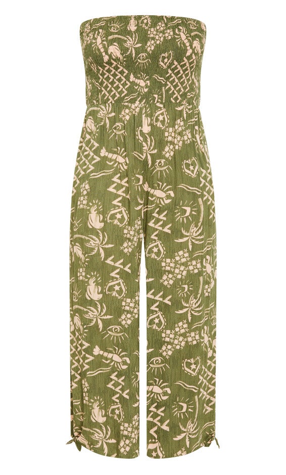 Smocked Print Jumpsuit - khaki, GREEN, alternate image number null
