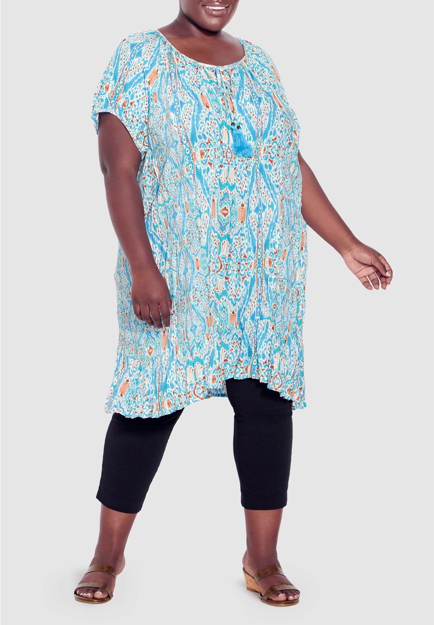 Avalon Crush Tassel Tie Ruffle Tunic, AQUA IKAT, hi-res image number 0