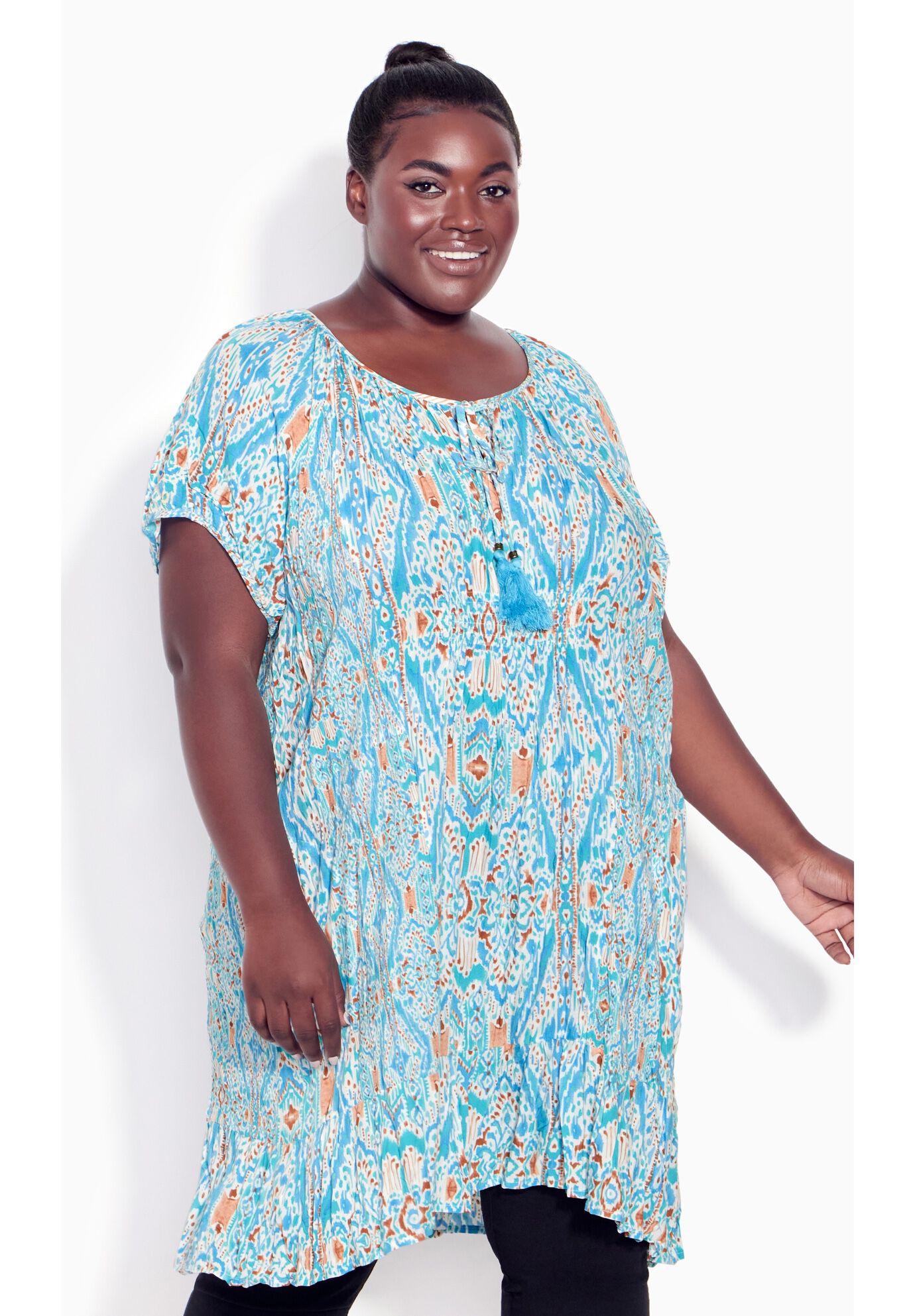 Avalon Crush Tassel Tie Ruffle Tunic, AQUA IKAT, alternate image number 3