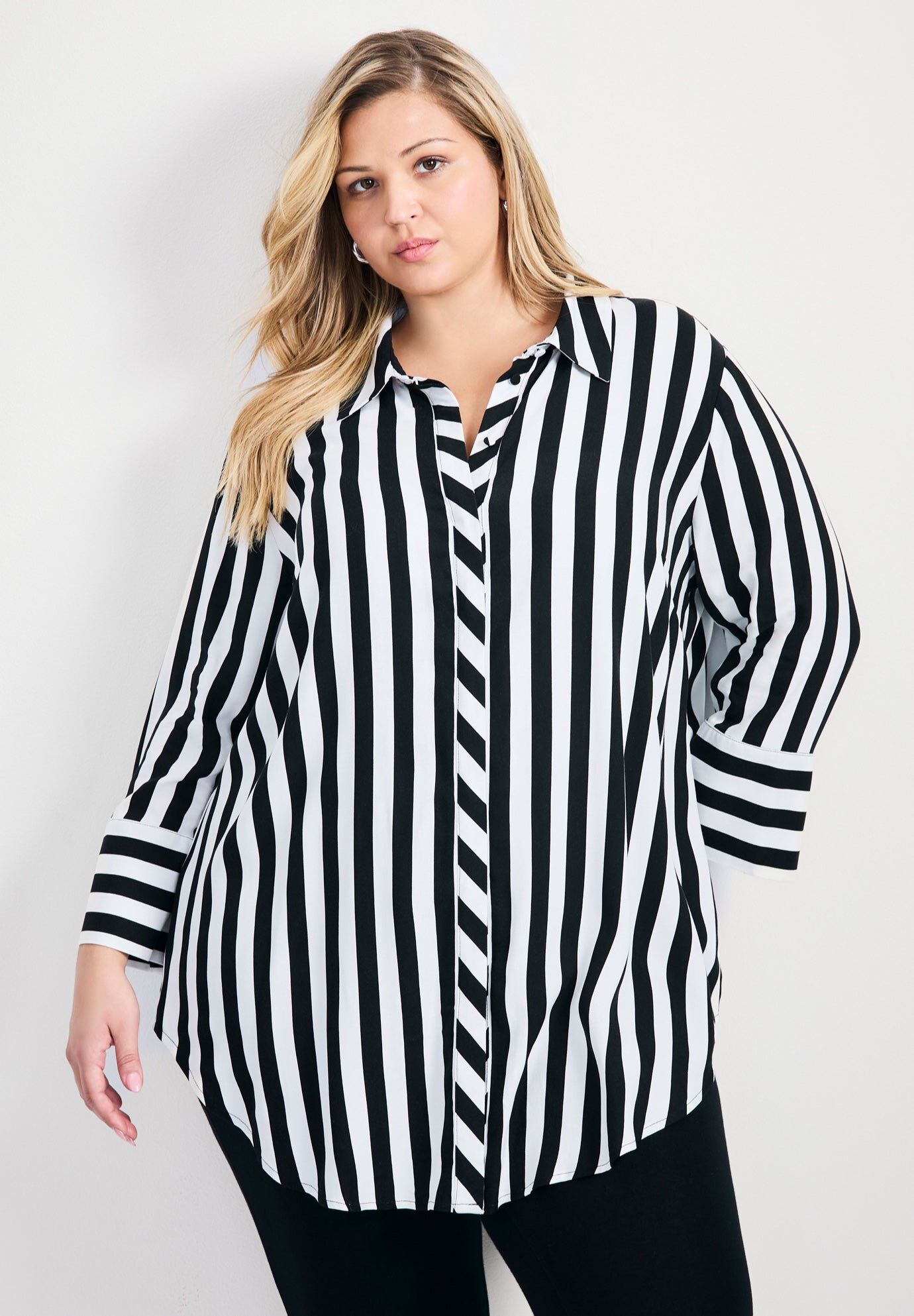 Linear Longline Stripe Shirt, BLACK WHITE, hi-res image number 0