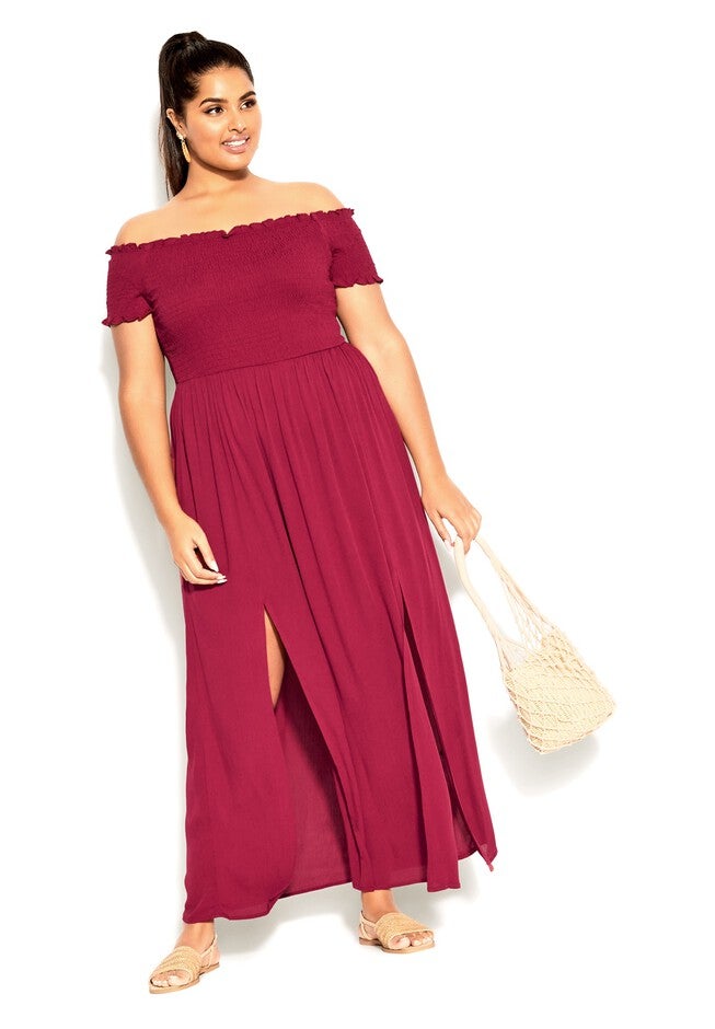 Smock Off Shoulder Maxi Dress - rhubarb, RED, on-hover image number null