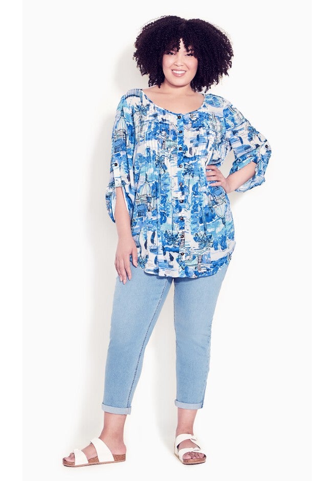 Sandy Pintuck Print Shirt, BLUES CONVERSATION, hi-res image number null