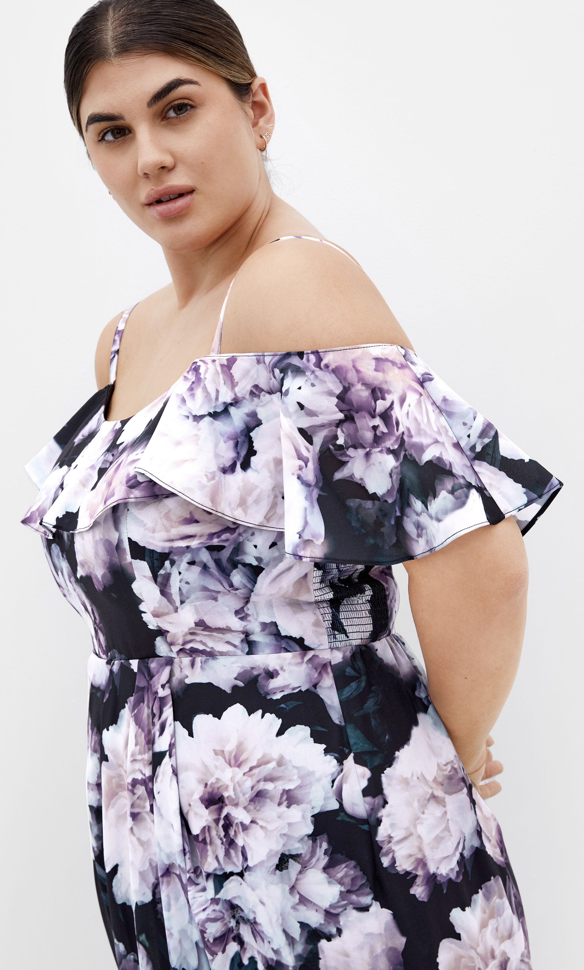 Floral Drape Midi Dress - charcoal, BLACK, alternate image number 1