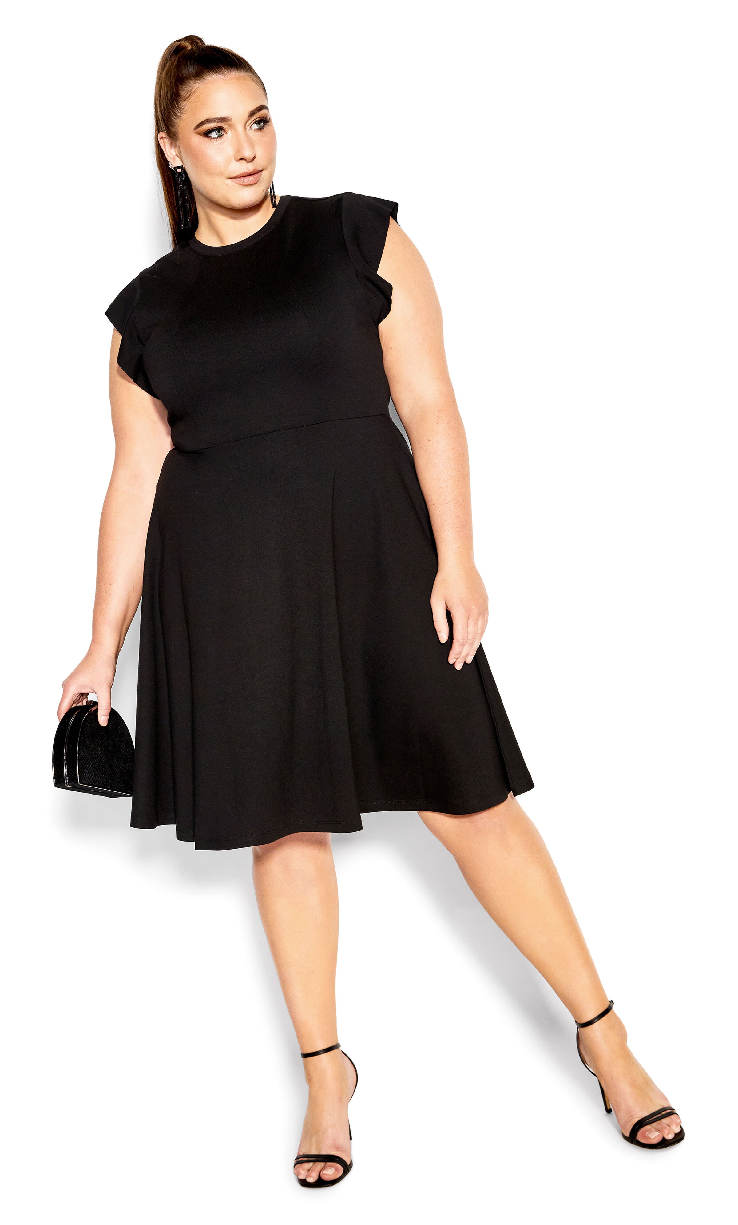 Frill Shoulder Dress - black, BLACK, hi-res image number 0