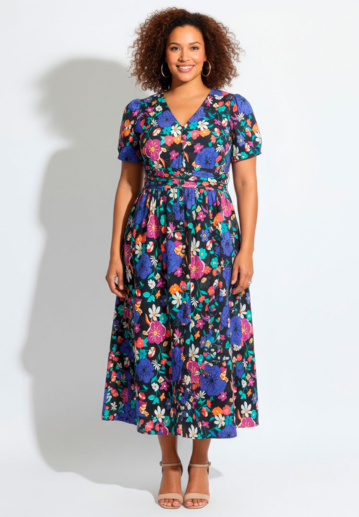 Button Front Midi Dress, MULTI PLAYFUL GARDEN, hi-res image number 0