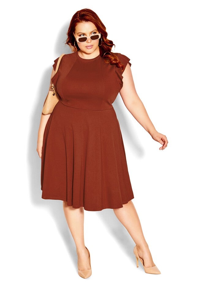 Frill Shoulder Dress - ginger, ORANGE, hi-res image number 0