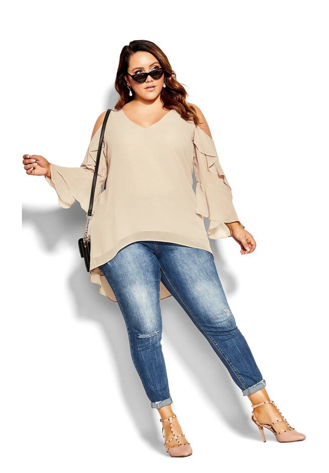 Hi Lo Cold Shoulder Top - vanilla, BEIGE, on-hover image number null