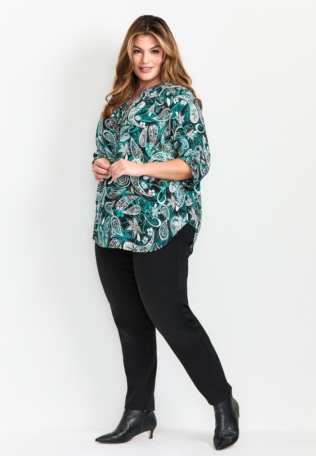 Madeline Tab Slv Prt Blouse, EMERALD PAISLEY, alternate image number null