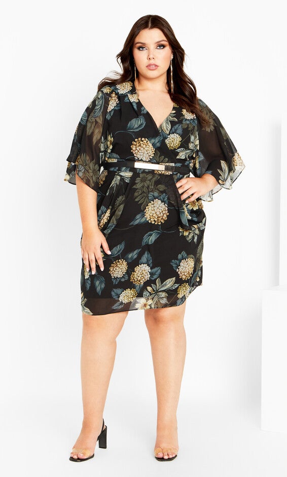 Wrap Golden Floral Dress - black, YELLOW, alternate image number 1