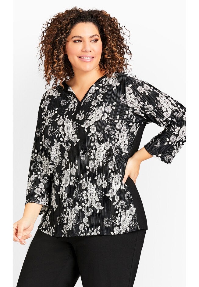 Split Neck Floral Pleated blouse, GRAY, hi-res image number 0