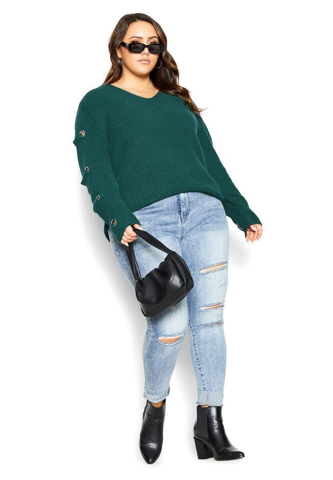 Eyelet Sleeve Sweater - alpine, GREEN, on-hover image number null