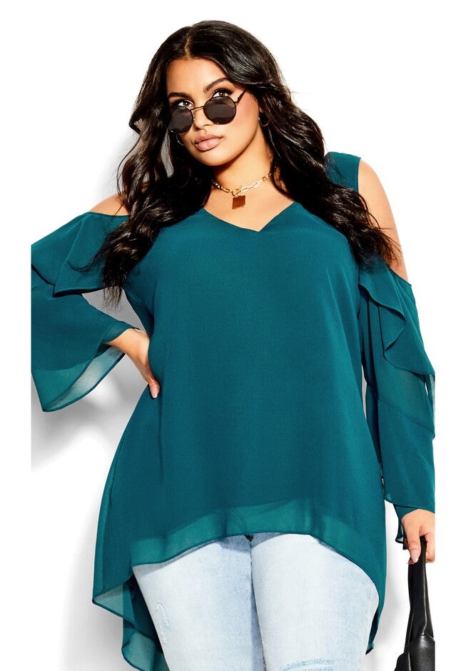 Hi Lo Cold Shoulder Top - teal, GREEN, hi-res image number 0