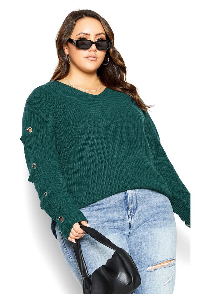 Eyelet Sleeve Sweater - alpine, GREEN, hi-res image number null