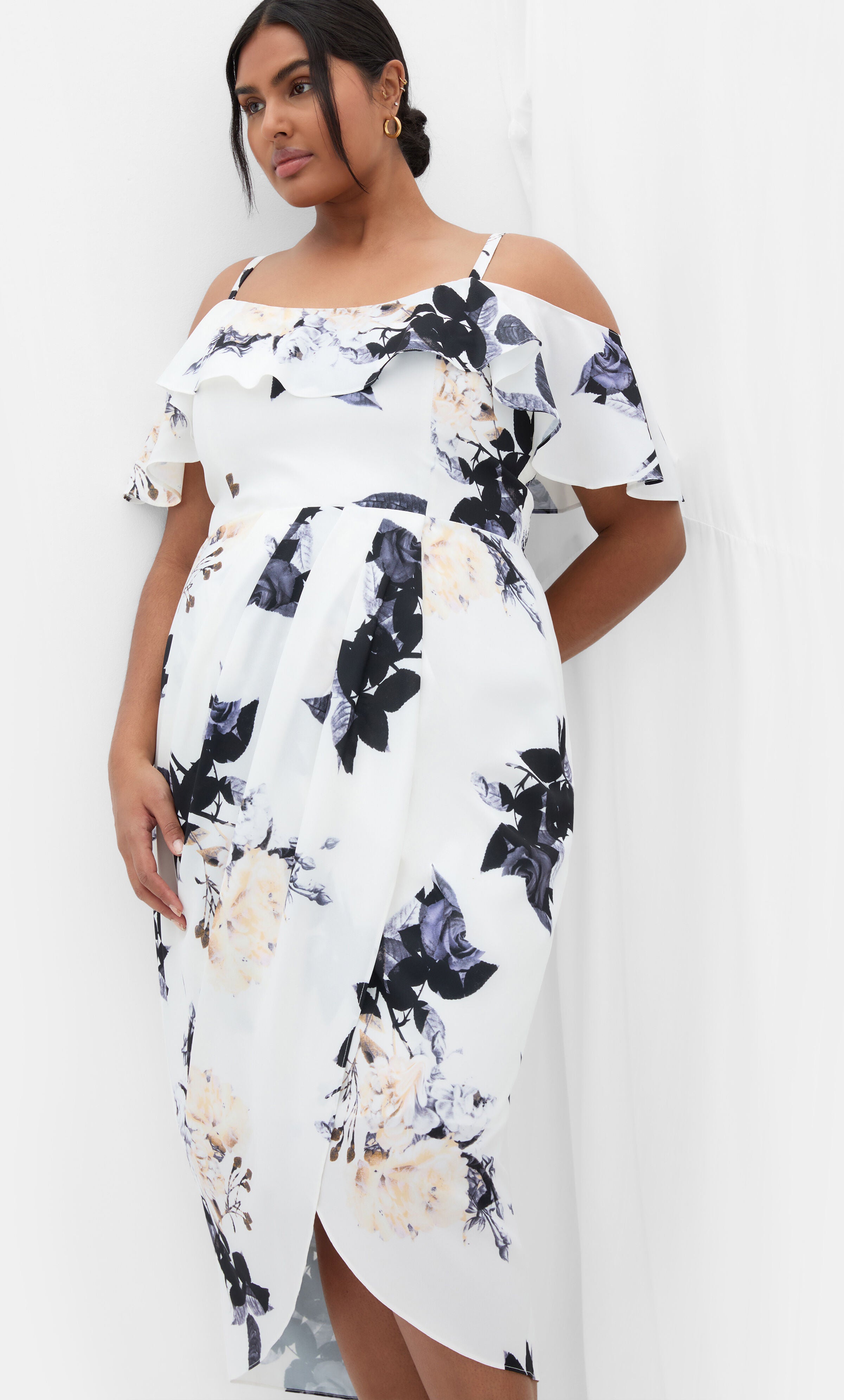 Floral Drape Midi Dress, WHITE, hi-res image number 0