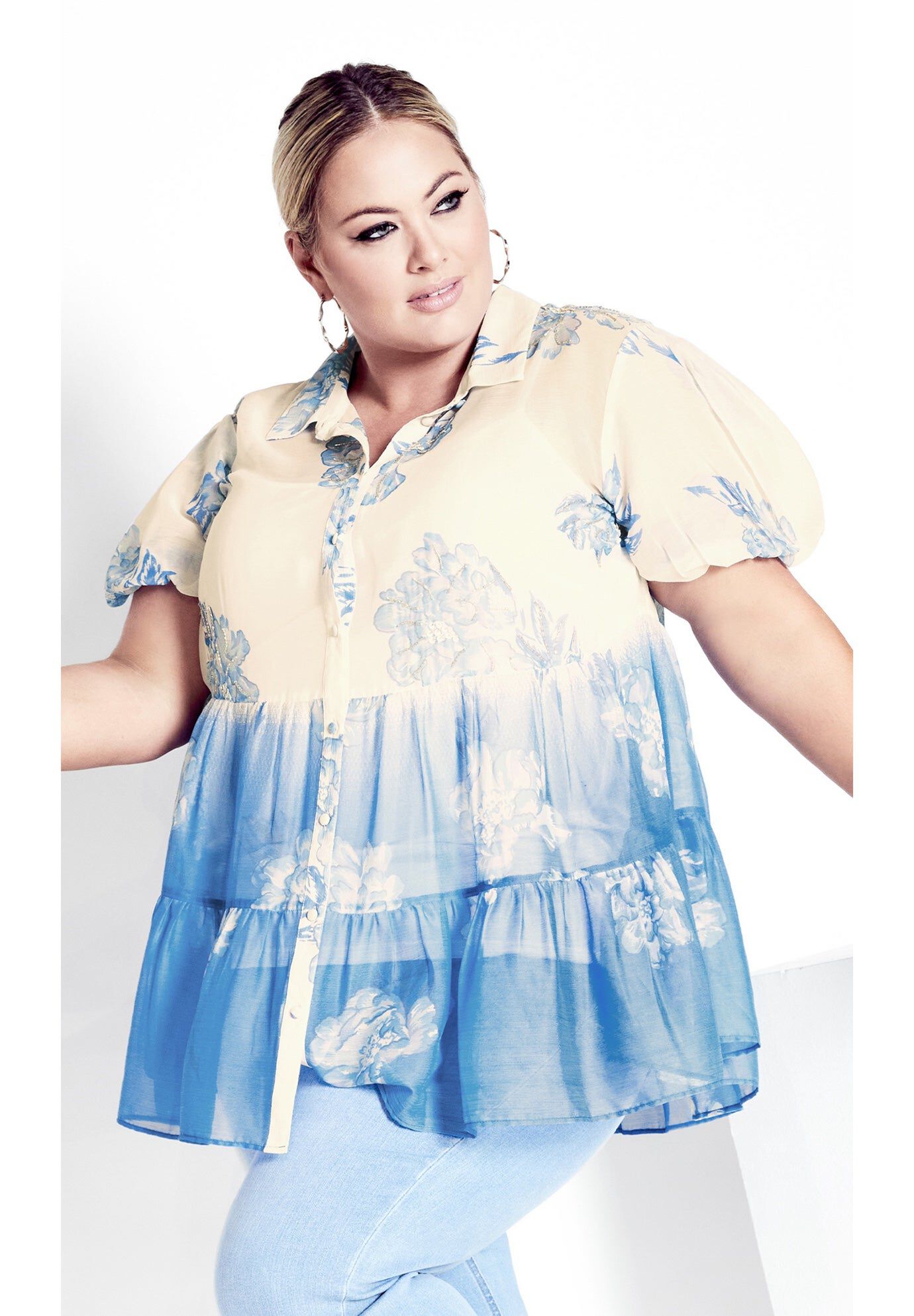 Shion Tiered Shirt, IVORY LUST BORDER, hi-res image number 0