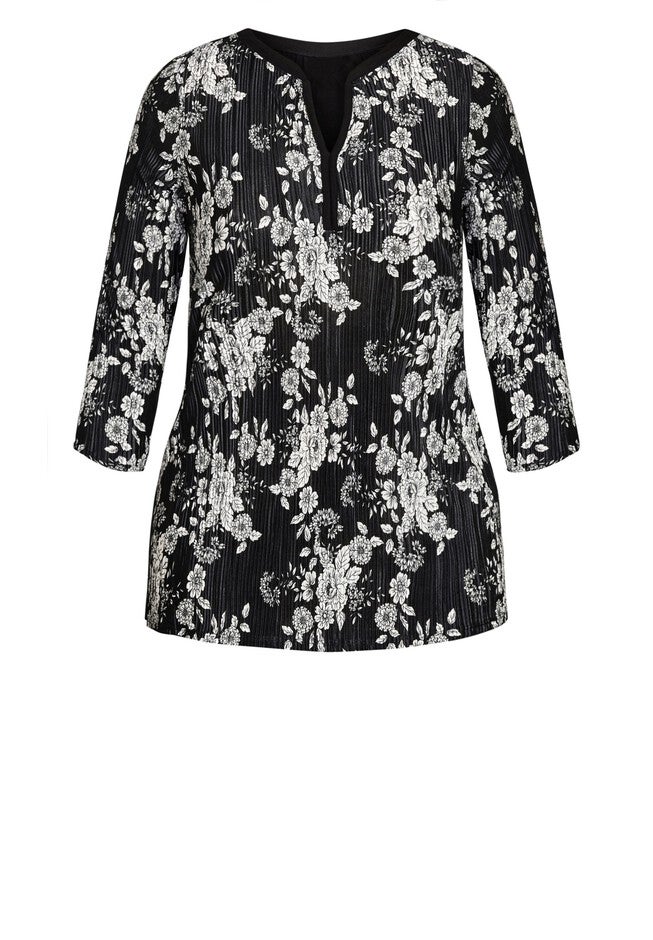 Split Neck Floral Pleated blouse, GRAY, alternate image number 2